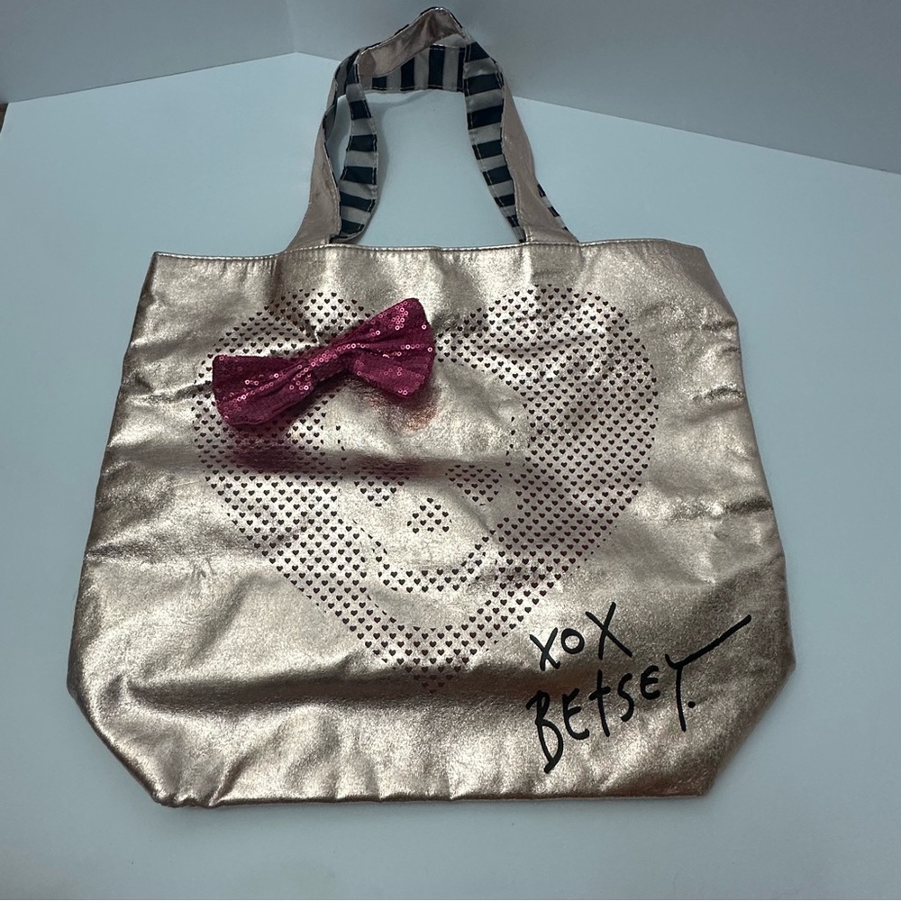 Betsy Johnson Skull Heart Tote Bag, rose gold color.